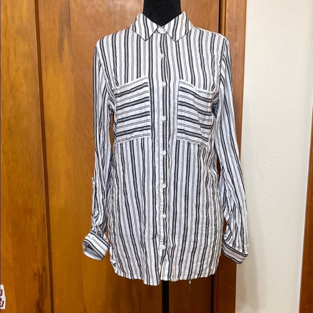 Black White Casual Striped Button Down Shirt 3/4 Safari Sleeves Cotton Preppy